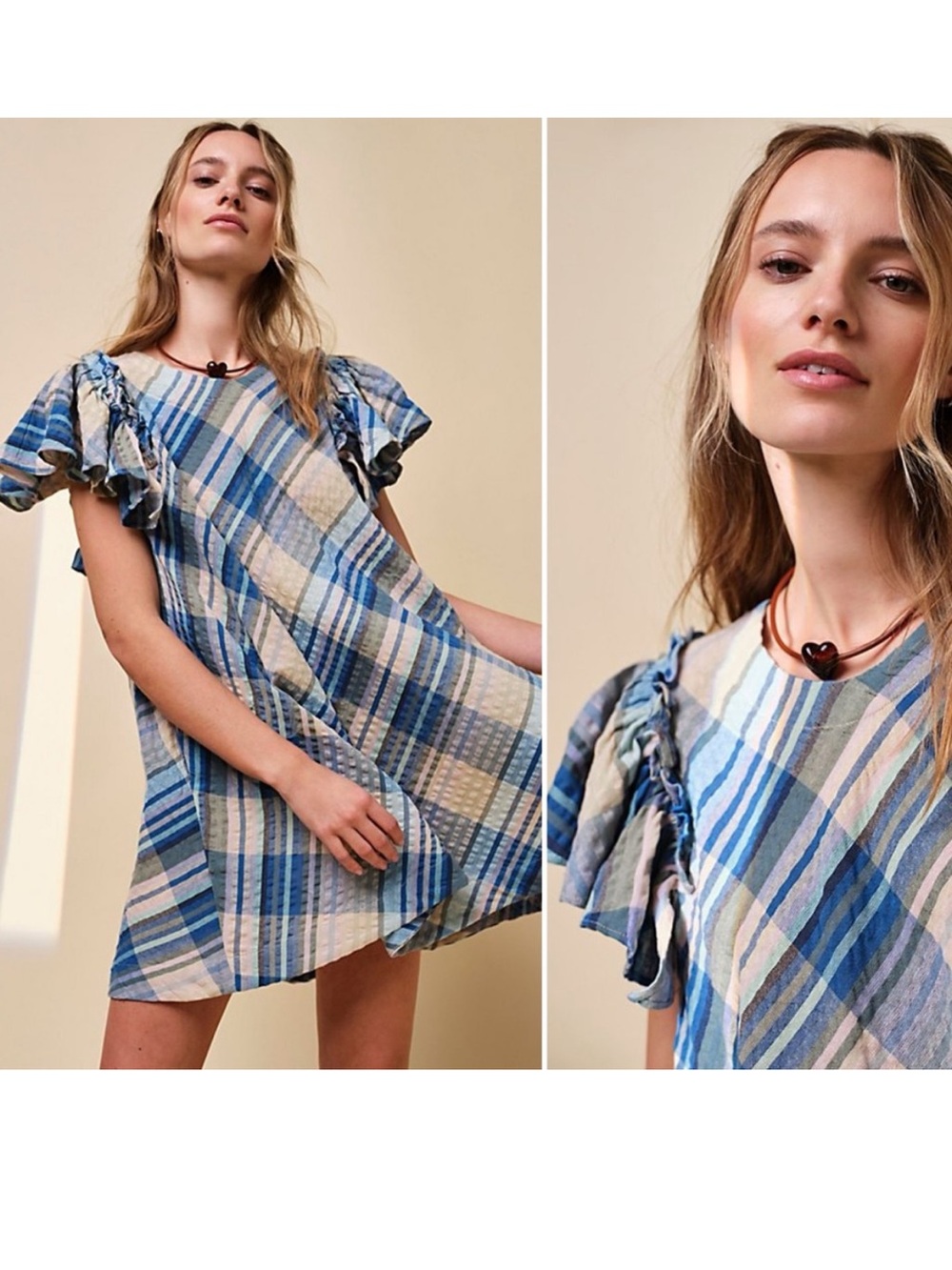 Free people Plaid Puff-Sleeve Women's Top in Blue and Cream